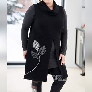 Sleeveless Black Cowl Neck Vest with Leaf Panel Detail